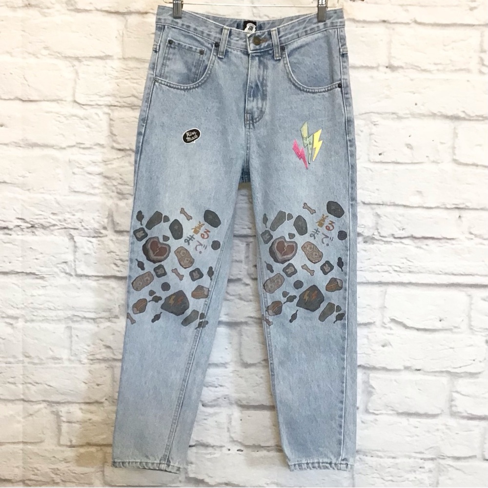 Kiru Made 29x26 “Excavation” Korean Women’s Jeans Light Wash High Rise Patches